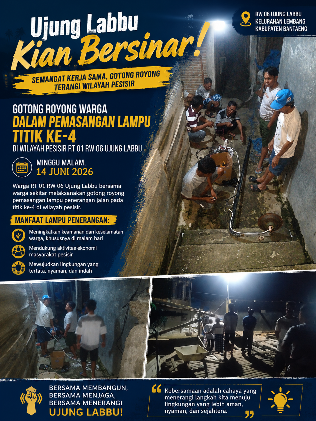 Ujung Labbu Kian Bersinar! Warga RW 06 Kompak Pasang Lampu Titik Ke-4 Demi Keamanan dan Kenyamanan Pesisir